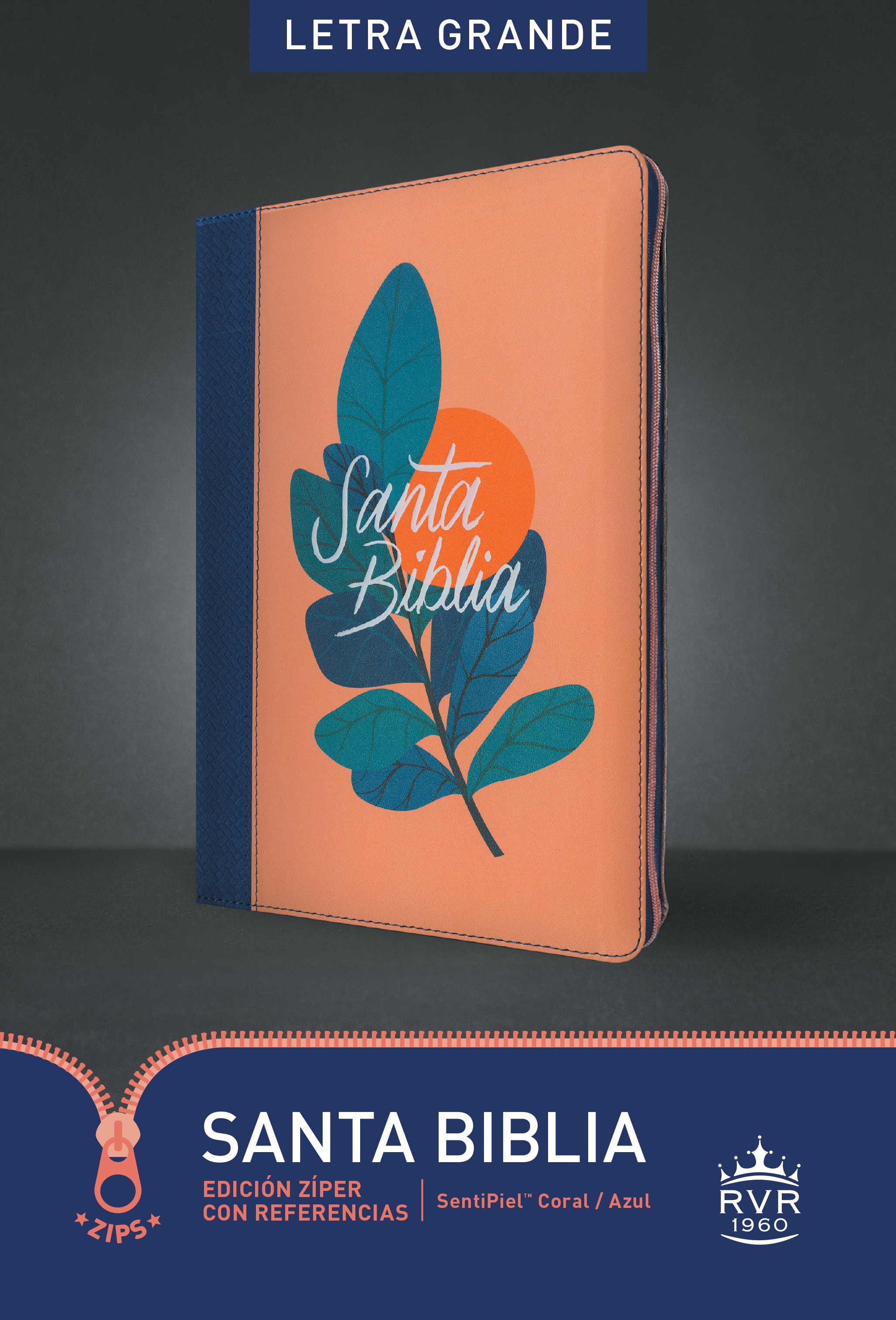  Santa Biblia RVR60, Edición zíper con referencias, letra grande (SentiPiel, Coral/Azul, Letra Roja)