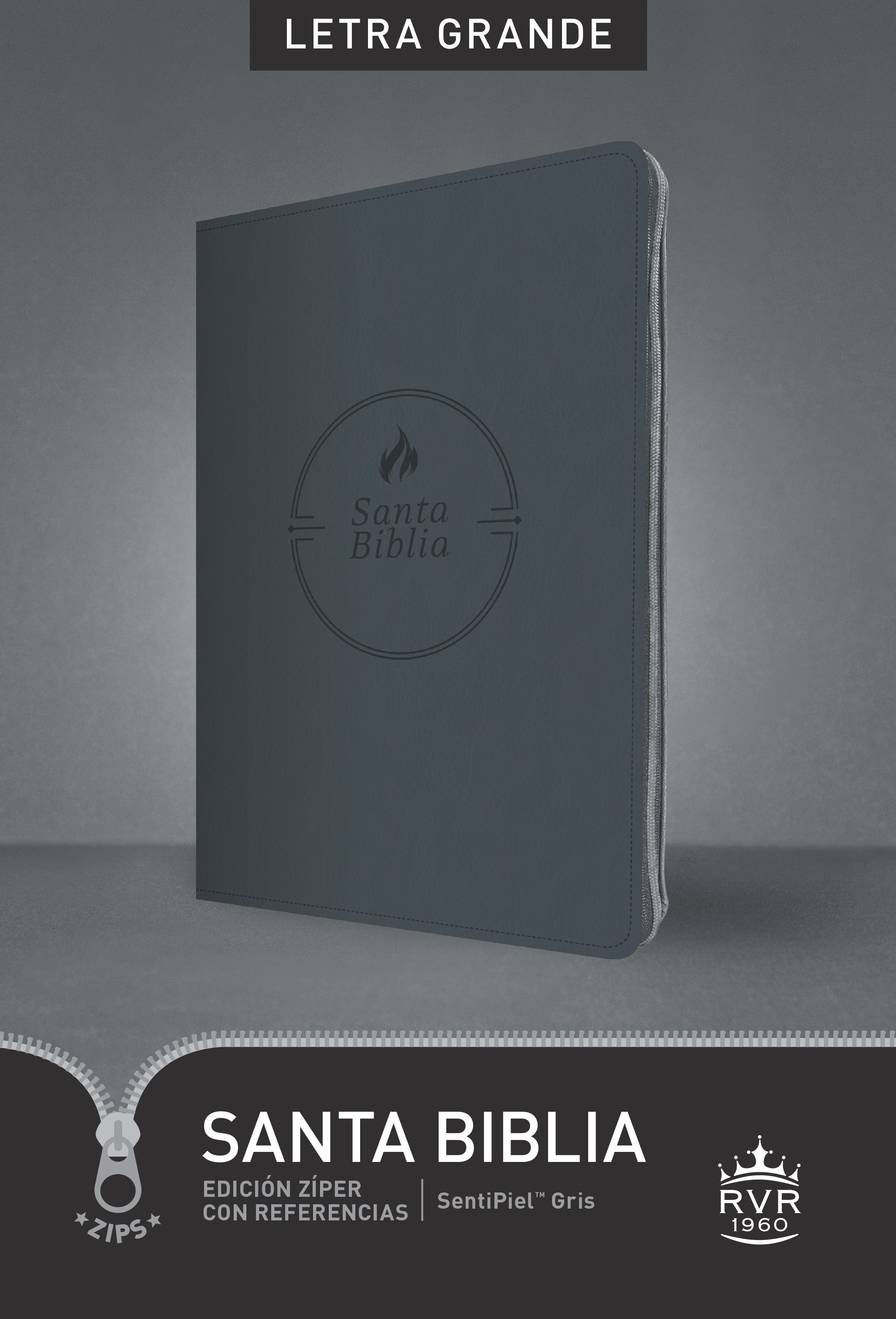  Santa Biblia RVR60, Edición zíper con referencias, letra grande (SentiPiel, Gris, Índice, Letra Roja)