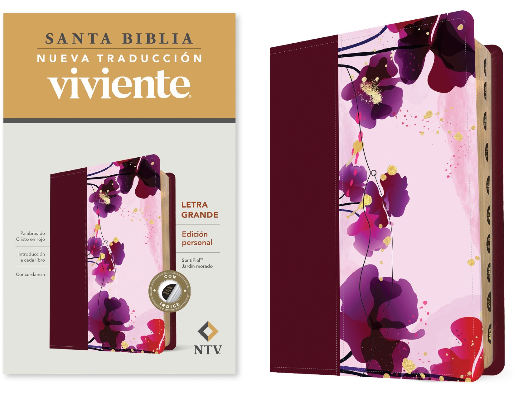  Santa Biblia NTV, Edición personal, letra grande (SentiPiel, Jardín morado, Índice)