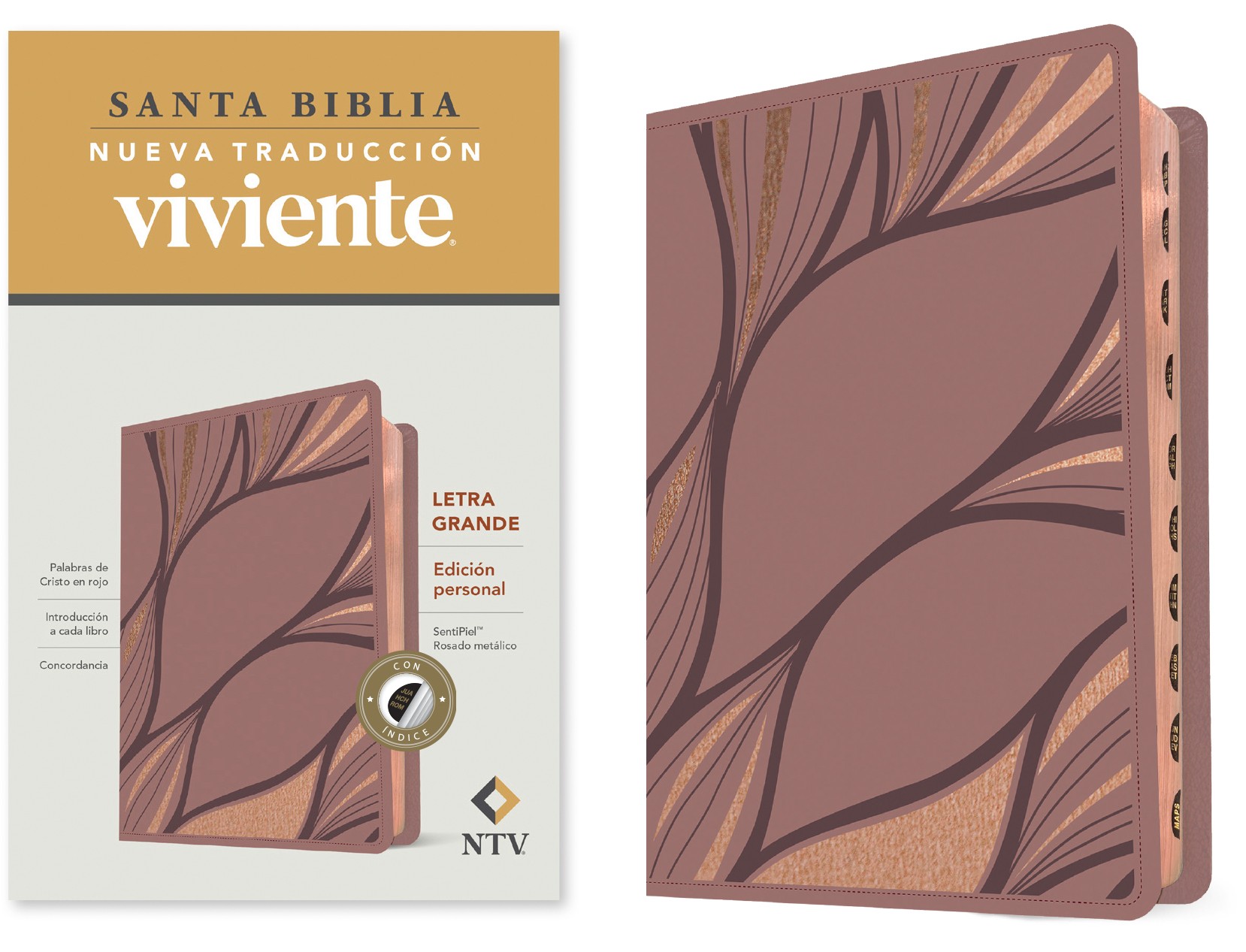  Santa Biblia NTV, Edición personal, letra grande (SentiPiel, Rosado metálico, Índice)