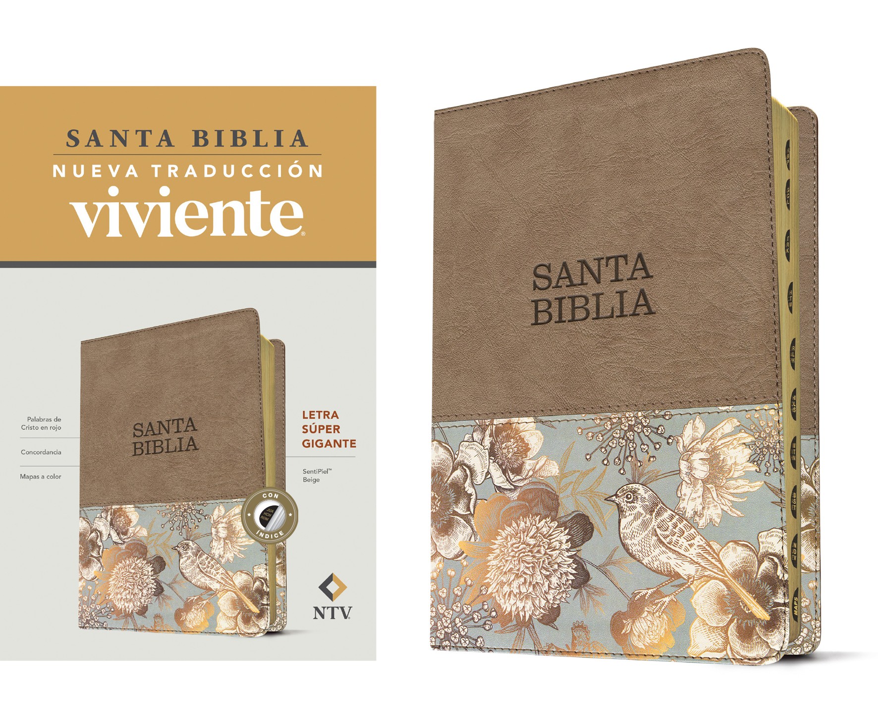  Santa Biblia NTV, letra súper gigante (SentiPiel, Beige, Índice, Letra Roja)